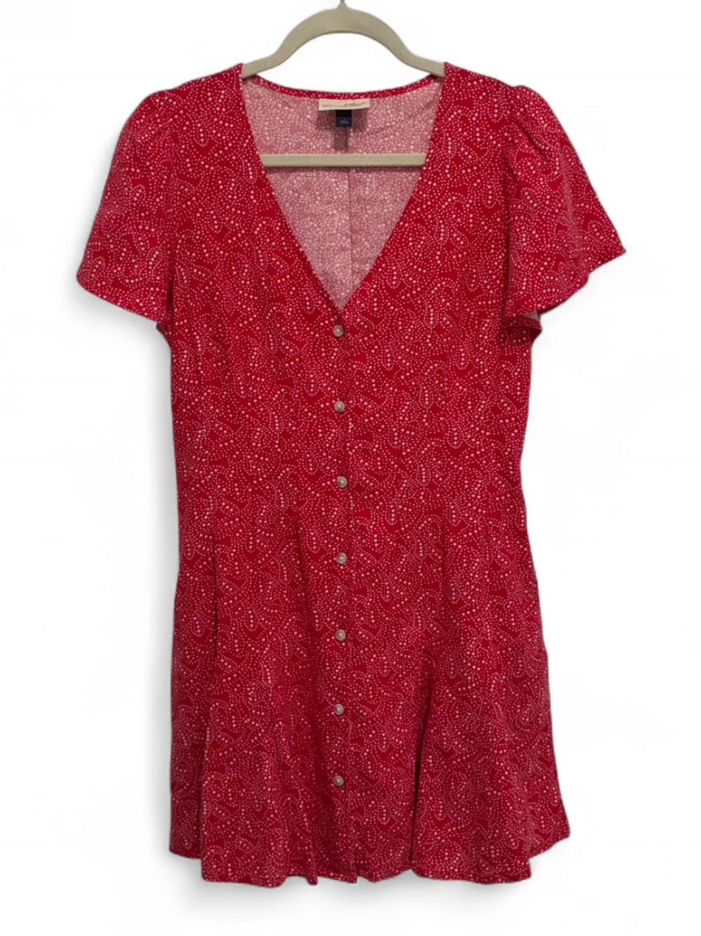 Universal Thread Red Star Print Button-Front Short Sleeve Linen Blend Mini Dress